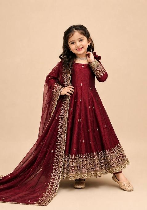 Maroon Embroidery Silk Gown Set For Girls