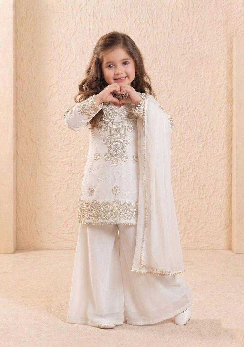 White Embroidery Georgette Palazzo Set For Girls - Indya