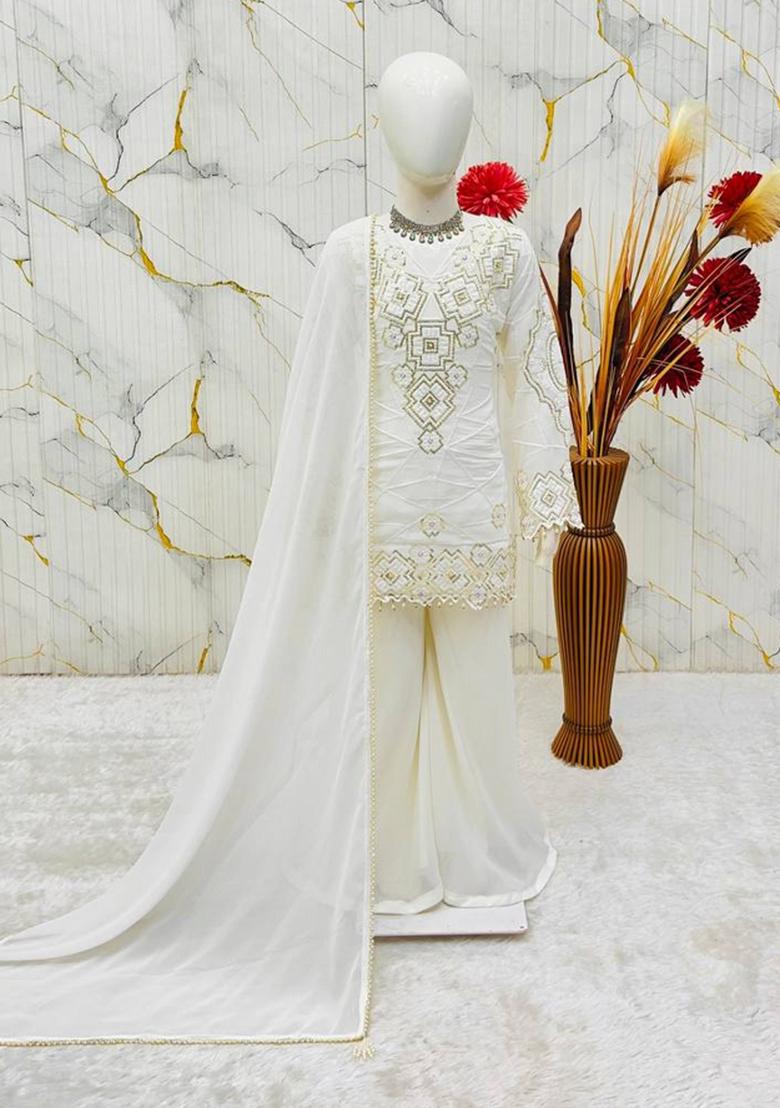 White Embroidery Georgette Palazzo Set For Girls - Indya