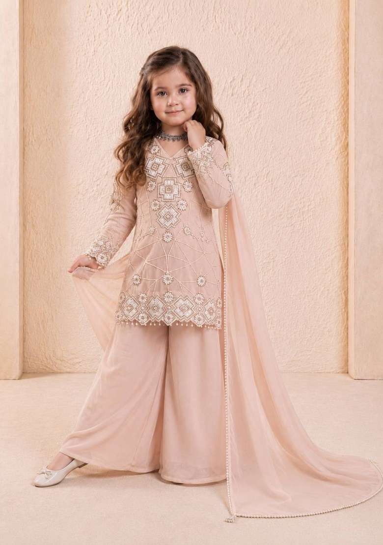 Peach Embroidery Georgette Palazzo Set For Girls - Indya