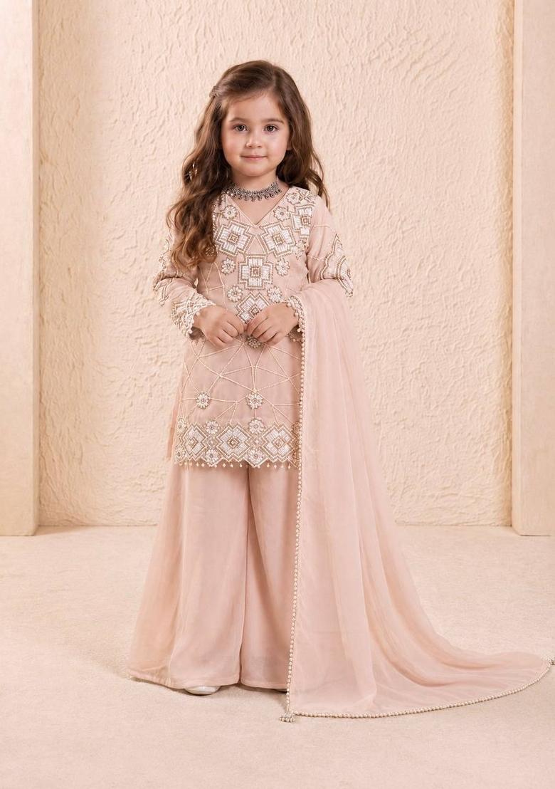 Peach Embroidery Georgette Palazzo Set For Girls - Indya