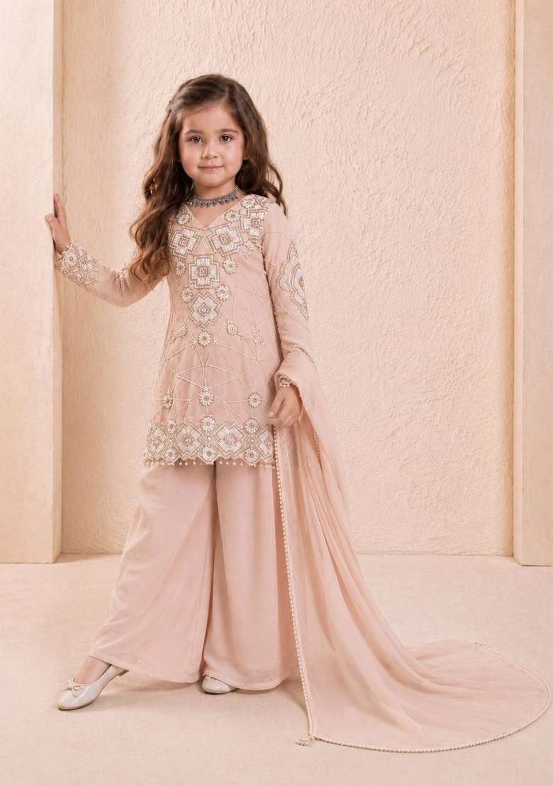 Peach Embroidery Georgette Palazzo Set For Girls - Indya