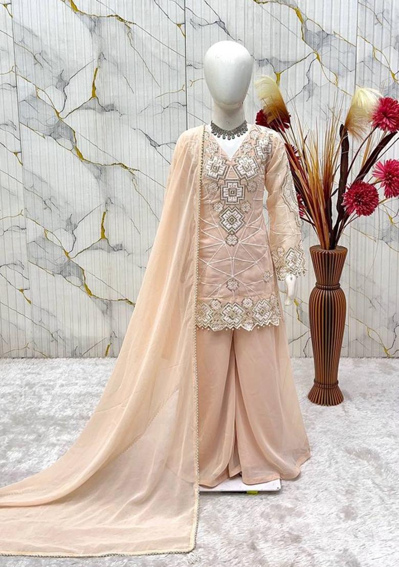 Peach Embroidery Georgette Palazzo Set For Girls - Indya
