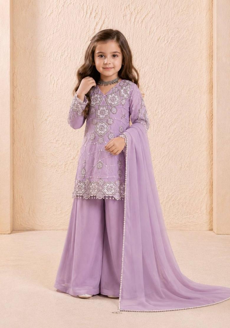Lavender Embroidery Georgette Palazzo Set For Girls - Indya