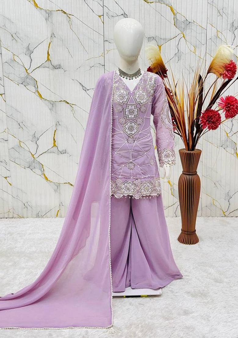 Lavender Embroidery Georgette Palazzo Set For Girls - Indya
