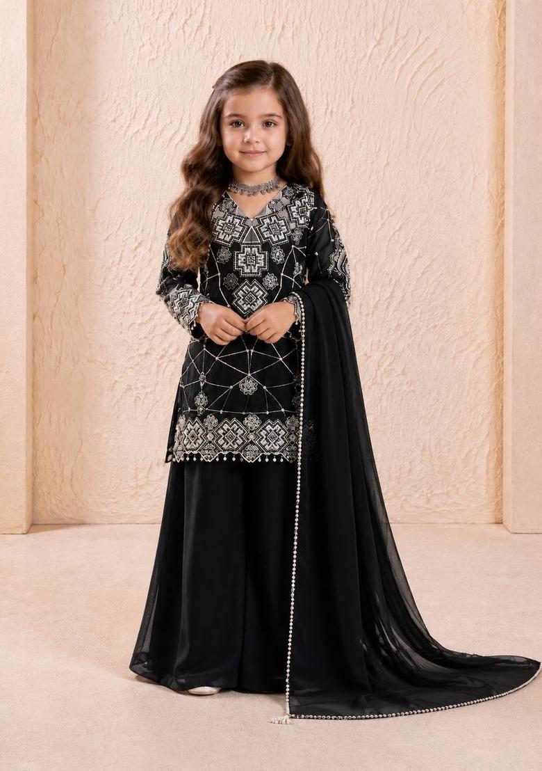 Black Embroidery Georgette Palazzo Set For Girls - Indya