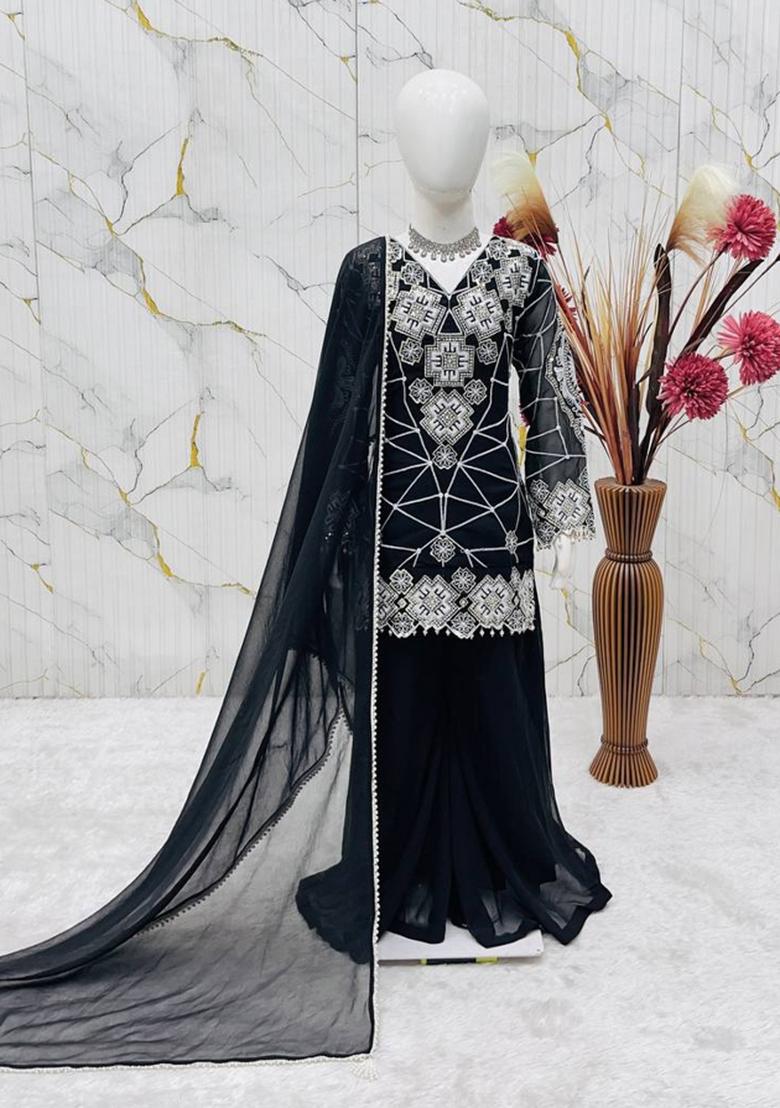 Black Embroidery Georgette Palazzo Set For Girls - Indya