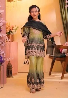 Olive Green And Black Embroidery Silk Palazzo Set For Girls