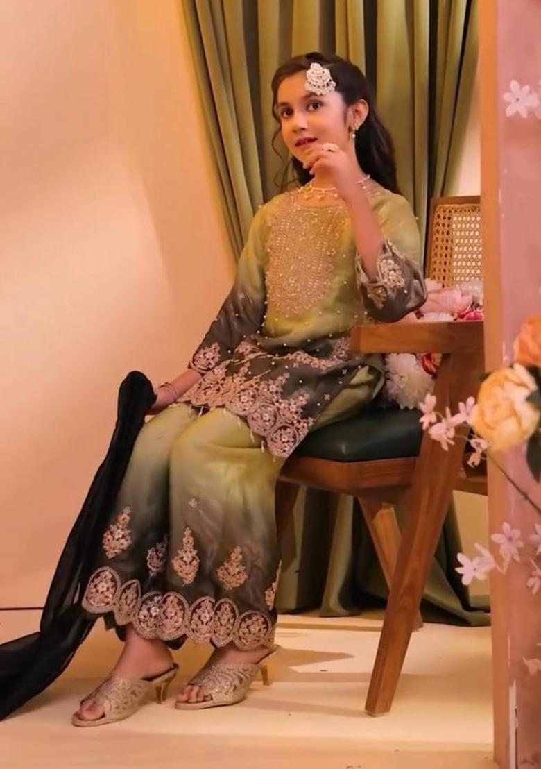 Olive Green And Black Embroidery Silk Palazzo Set For Girls - Indya