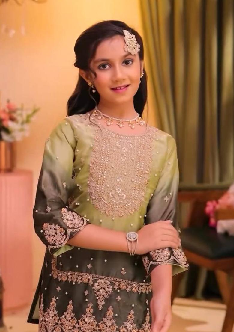 Olive Green And Black Embroidery Silk Palazzo Set For Girls - Indya