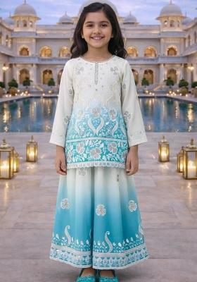 White And Turquise Blue Embroidery Georgette Palazzo Set For Girls