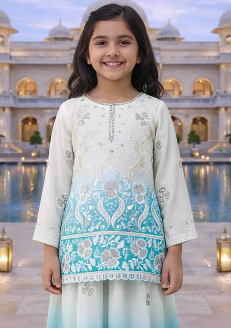 White And Turquise Blue Embroidery Georgette Palazzo Set For Girls - Indya