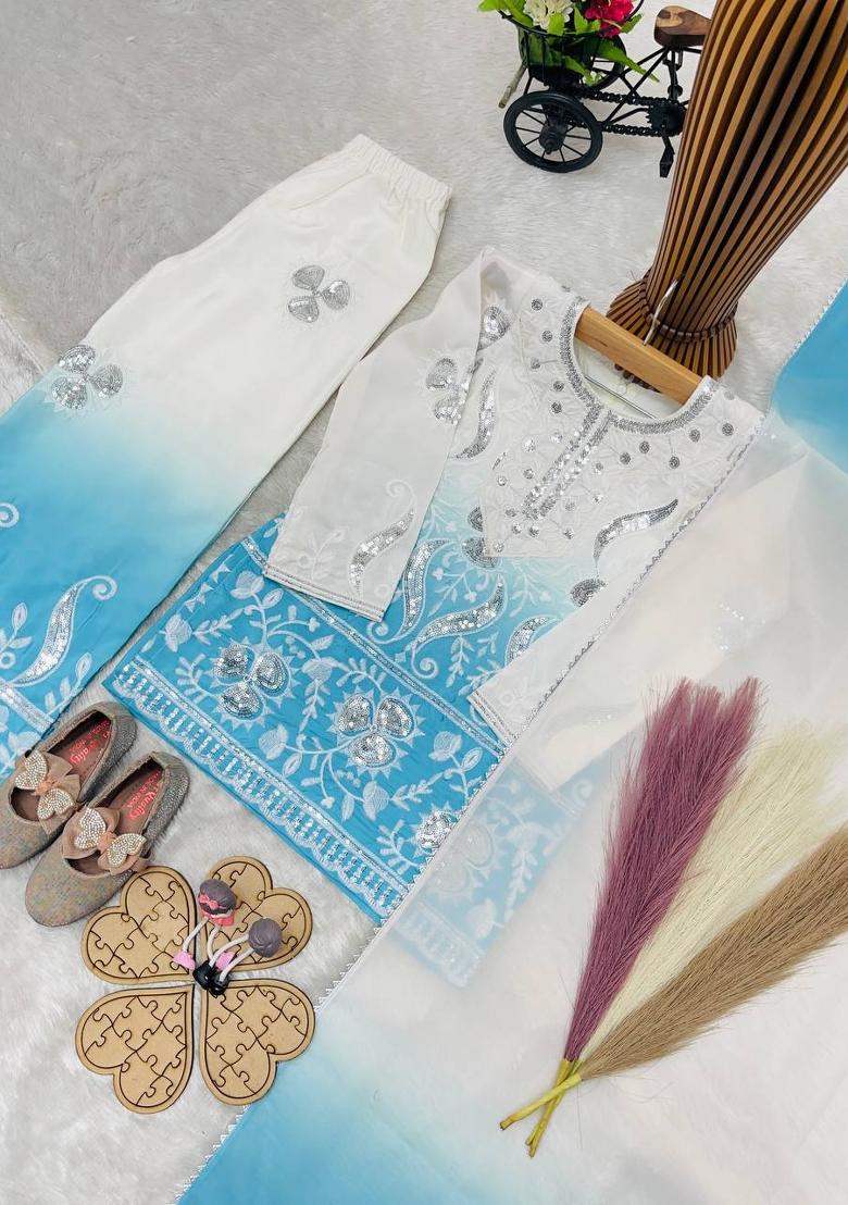 White And Turquise Blue Embroidery Georgette Palazzo Set For Girls - Indya