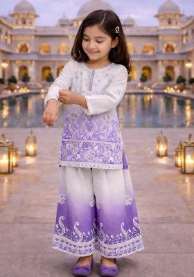 White And Purple Embroidery Georgette Palazzo Set For Girls