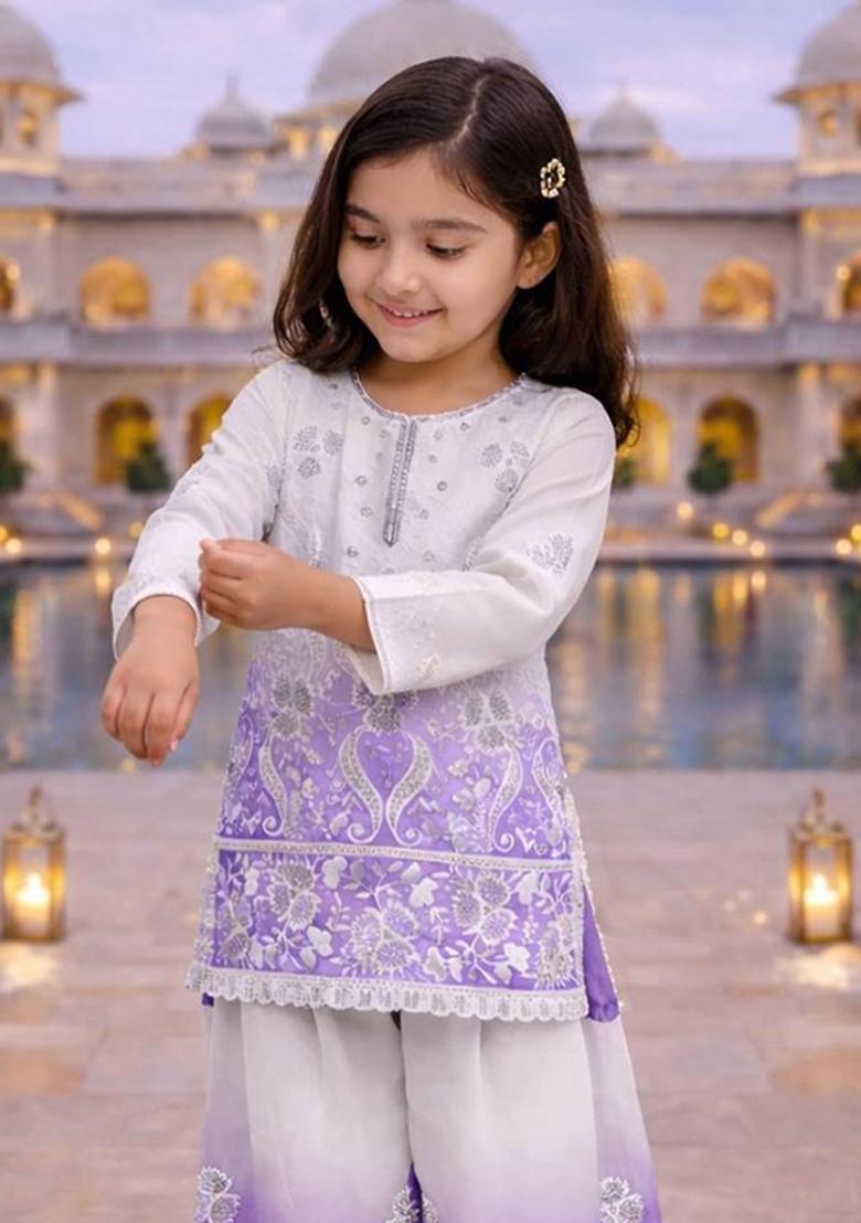 White And Purple Embroidery Georgette Palazzo Set For Girls - Indya