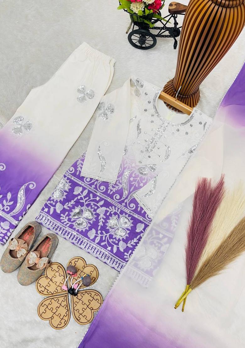 White And Purple Embroidery Georgette Palazzo Set For Girls - Indya