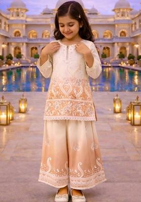 White And Peach Embroidery Georgette Palazzo Set For Girls