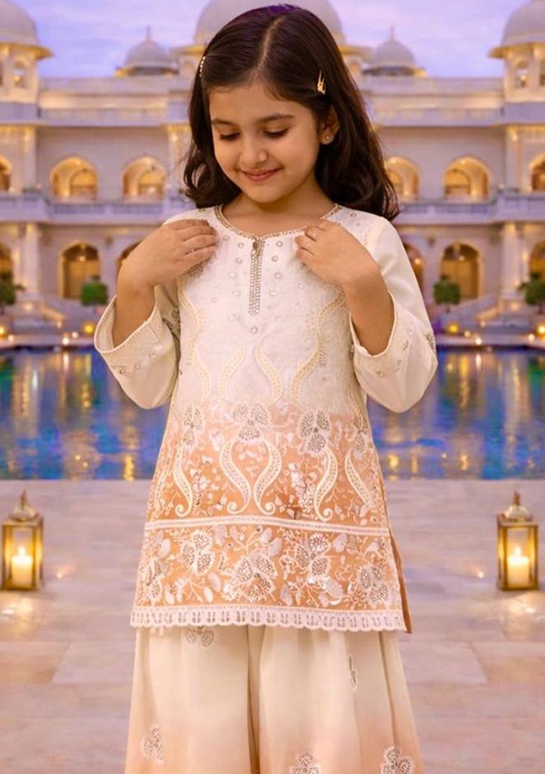 White And Peach Embroidery Georgette Palazzo Set For Girls - Indya
