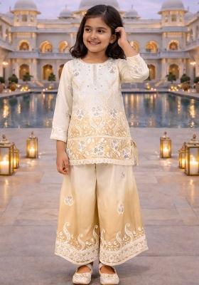 White And Lighte Yellow Embroidery Georgette Palazzo Set For Girls