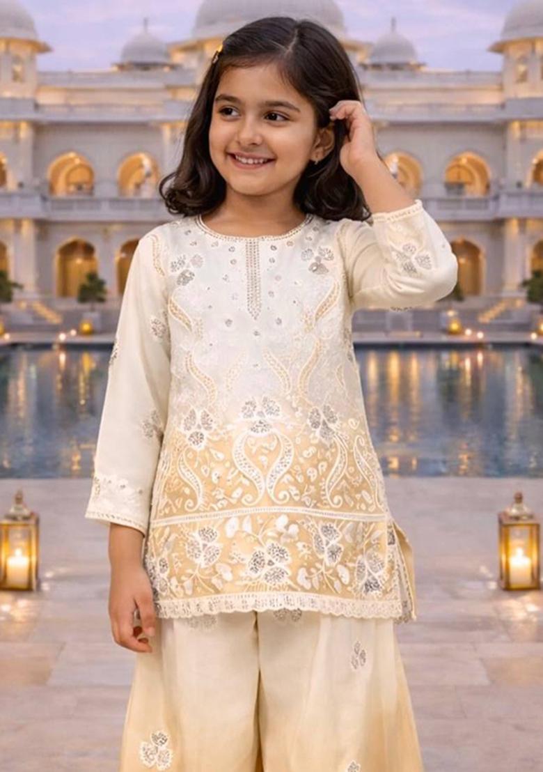 White And Lighte Yellow Embroidery Georgette Palazzo Set For Girls - Indya