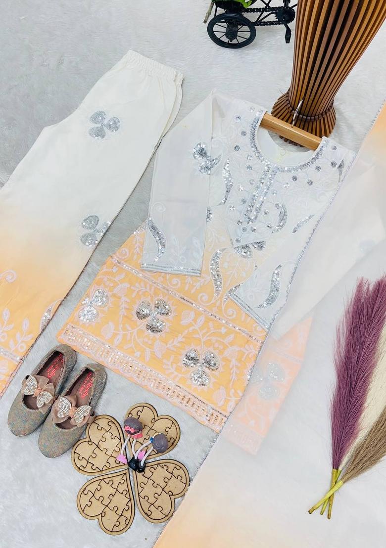 White And Lighte Yellow Embroidery Georgette Palazzo Set For Girls - Indya