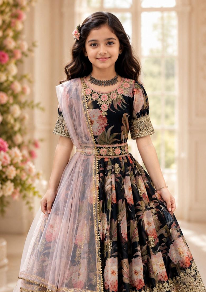 Black Sequin Work Georgette Gown Set For Girls - Indya