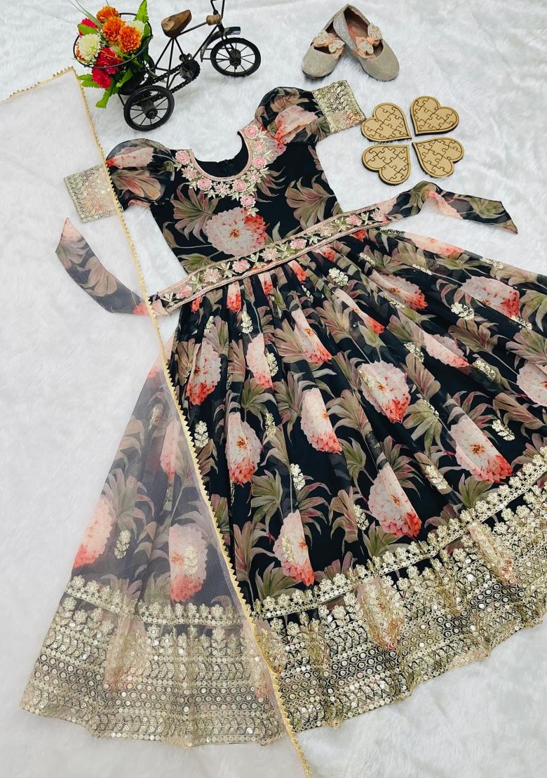 Black Sequin Work Georgette Gown Set For Girls - Indya
