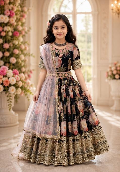 Black Sequin Work Georgette Gown Set For Girls