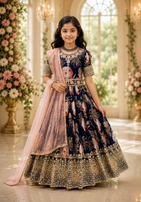 Blue Sequin Work Georgette Gown Set For Girls