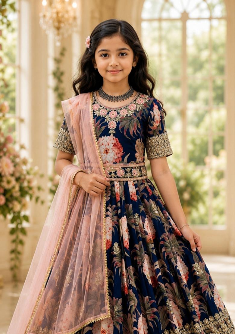 Blue Sequin Work Georgette Gown Set For Girls - Indya