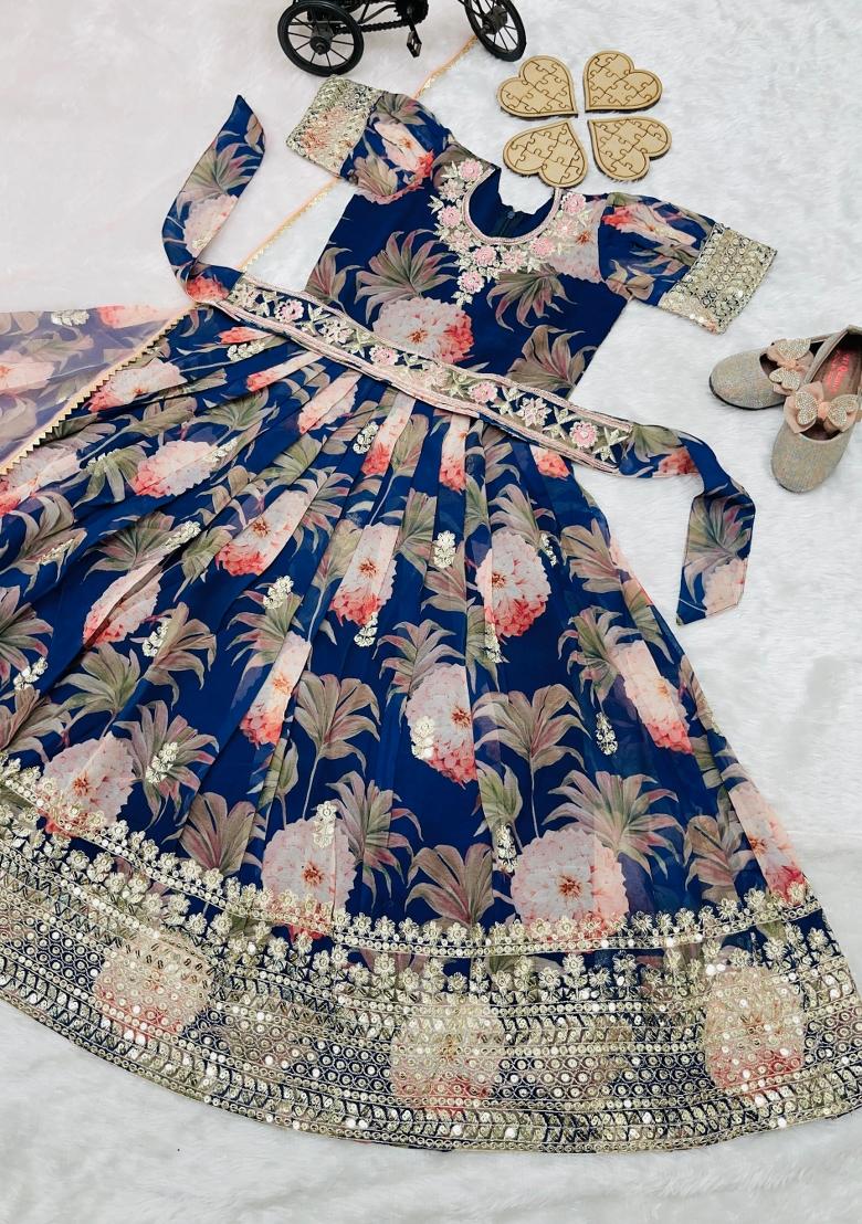 Blue Sequin Work Georgette Gown Set For Girls - Indya