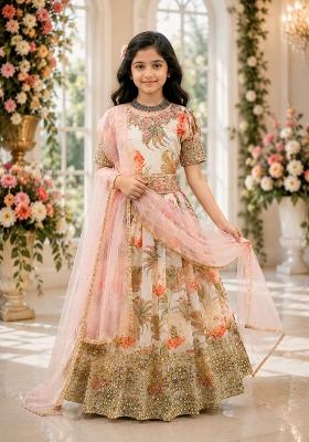 Cream Sequin Work Georgette Gown Set For Girls