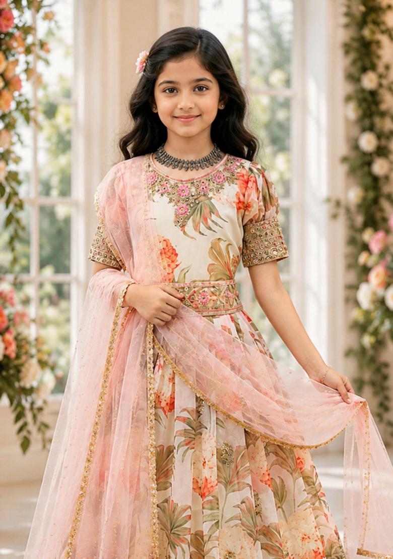 Cream Sequin Work Georgette Gown Set For Girls - Indya