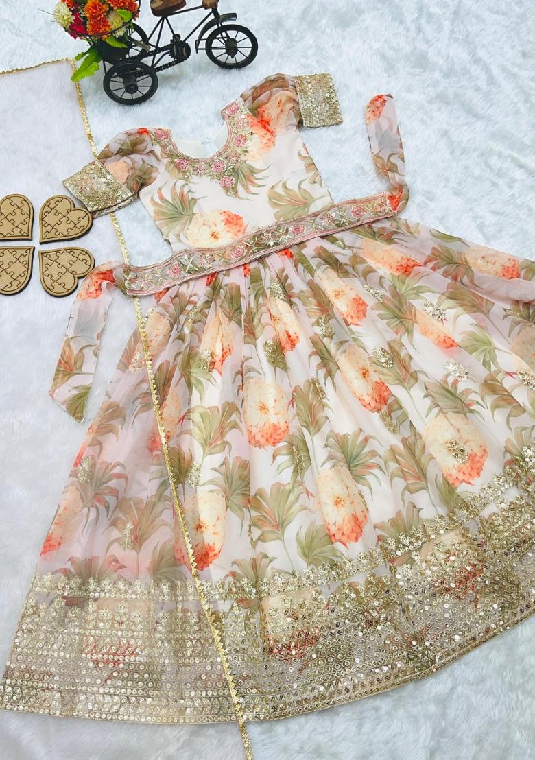 Cream Sequin Work Georgette Gown Set For Girls - Indya