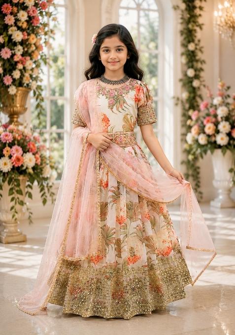 Cream Sequin Work Georgette Gown Set For Girls