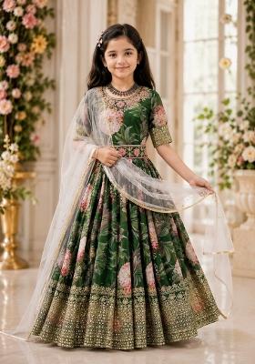 Green Sequin Work Georgette Gown Set For Girls