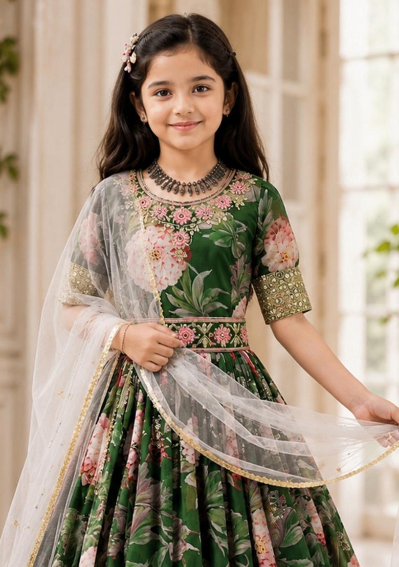 Green Sequin Work Georgette Gown Set For Girls - Indya