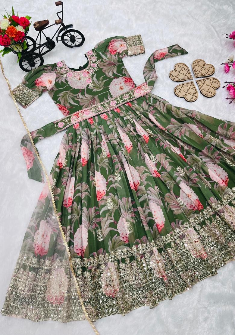 Green Sequin Work Georgette Gown Set For Girls - Indya