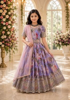 Lavender Sequin Work Georgette Gown Set For Girls