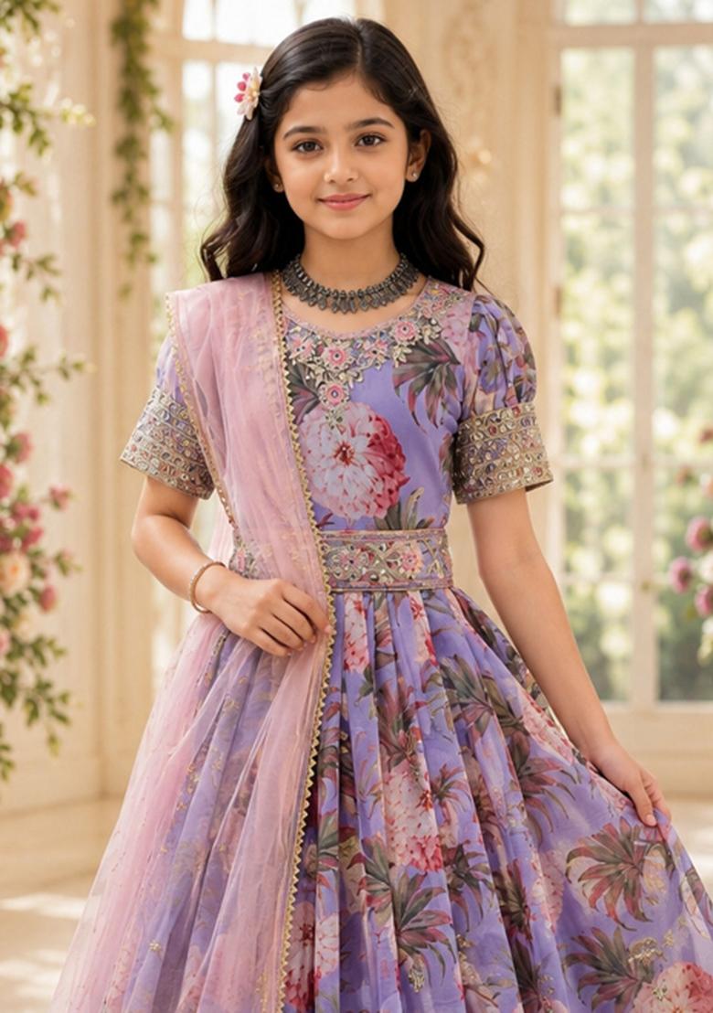 Lavender Sequin Work Georgette Gown Set For Girls - Indya