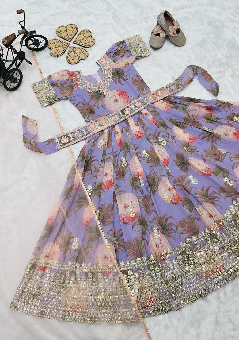 Lavender Sequin Work Georgette Gown Set For Girls - Indya
