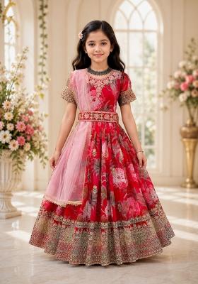 Red Sequin Work Georgette Gown Set For Girls