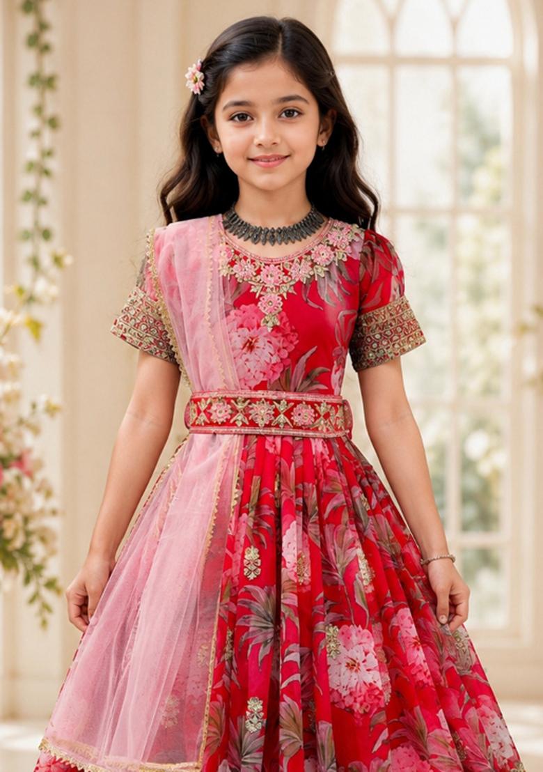 Red Sequin Work Georgette Gown Set For Girls - Indya