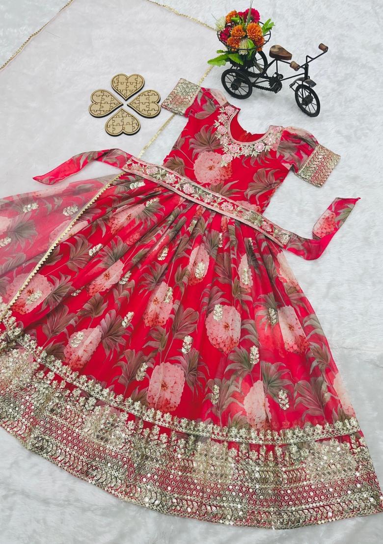 Red Sequin Work Georgette Gown Set For Girls - Indya