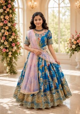 Teal Sequin Work Georgette Gown Set For Girls