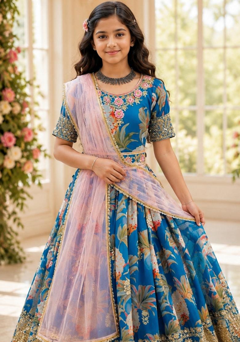Teal Sequin Work Georgette Gown Set For Girls - Indya