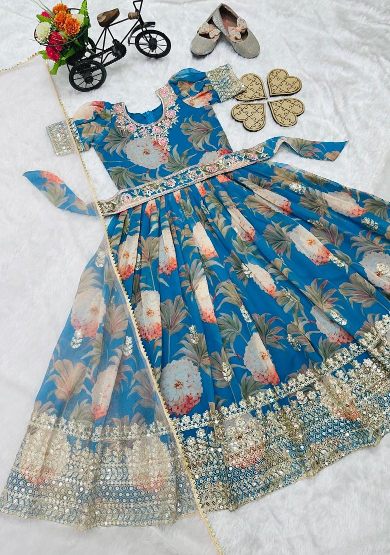 Teal Sequin Work Georgette Gown Set For Girls - Indya