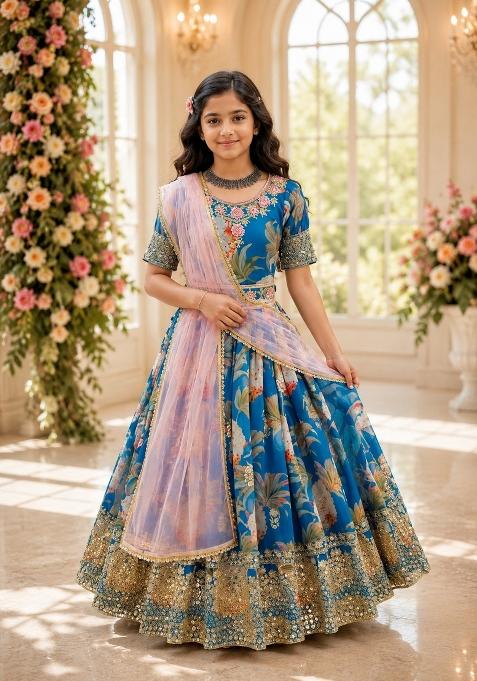 Teal Sequin Work Georgette Gown Set For Girls
