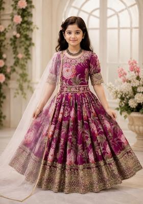 Wine Sequin Work Georgette Gown Set For Girls