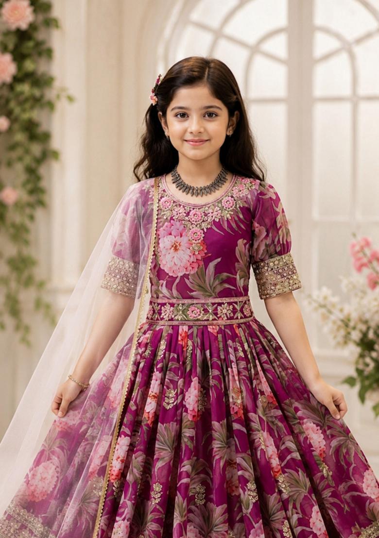 Wine Sequin Work Georgette Gown Set For Girls - Indya